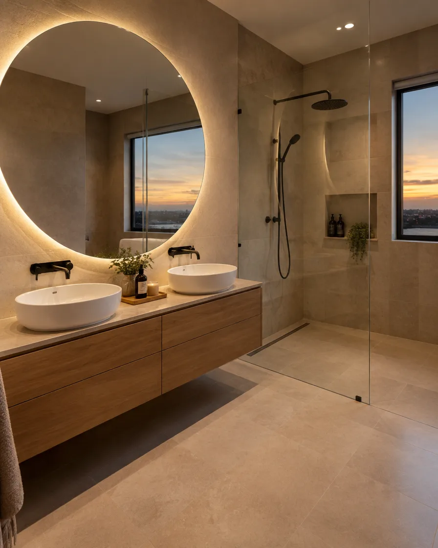 Completed bathroom with twin vessel basins and walk-in shower
