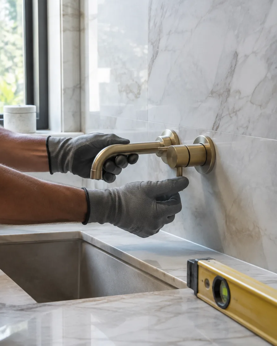 Brushed brass wall mixer being installed