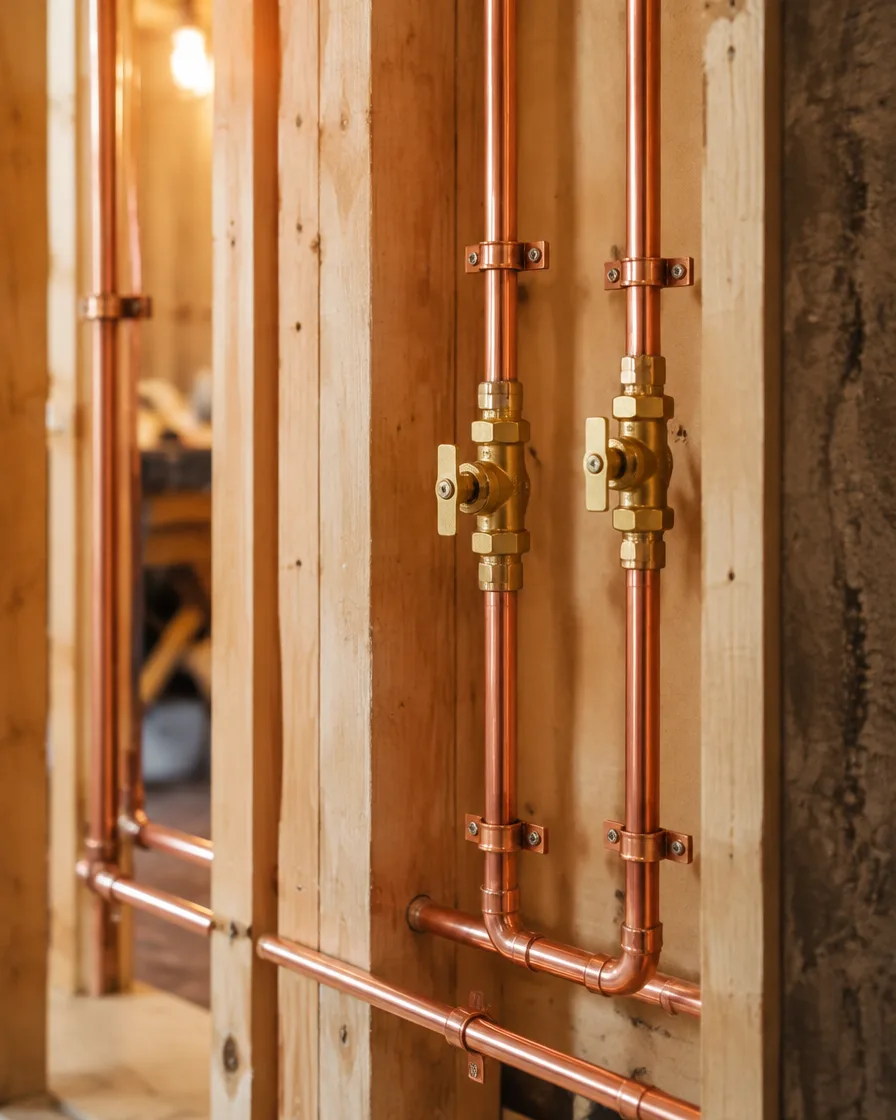 Neat copper pipework and brass valves during rough-in